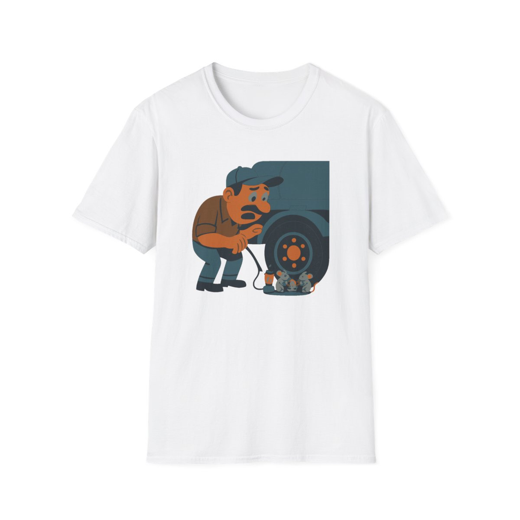 White t-shirt, front view, printed with a long-haul tanker driver design