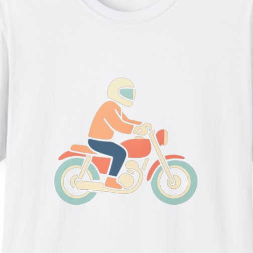 Close-up of the printed design detail: simple rider on a motorcycle illustration