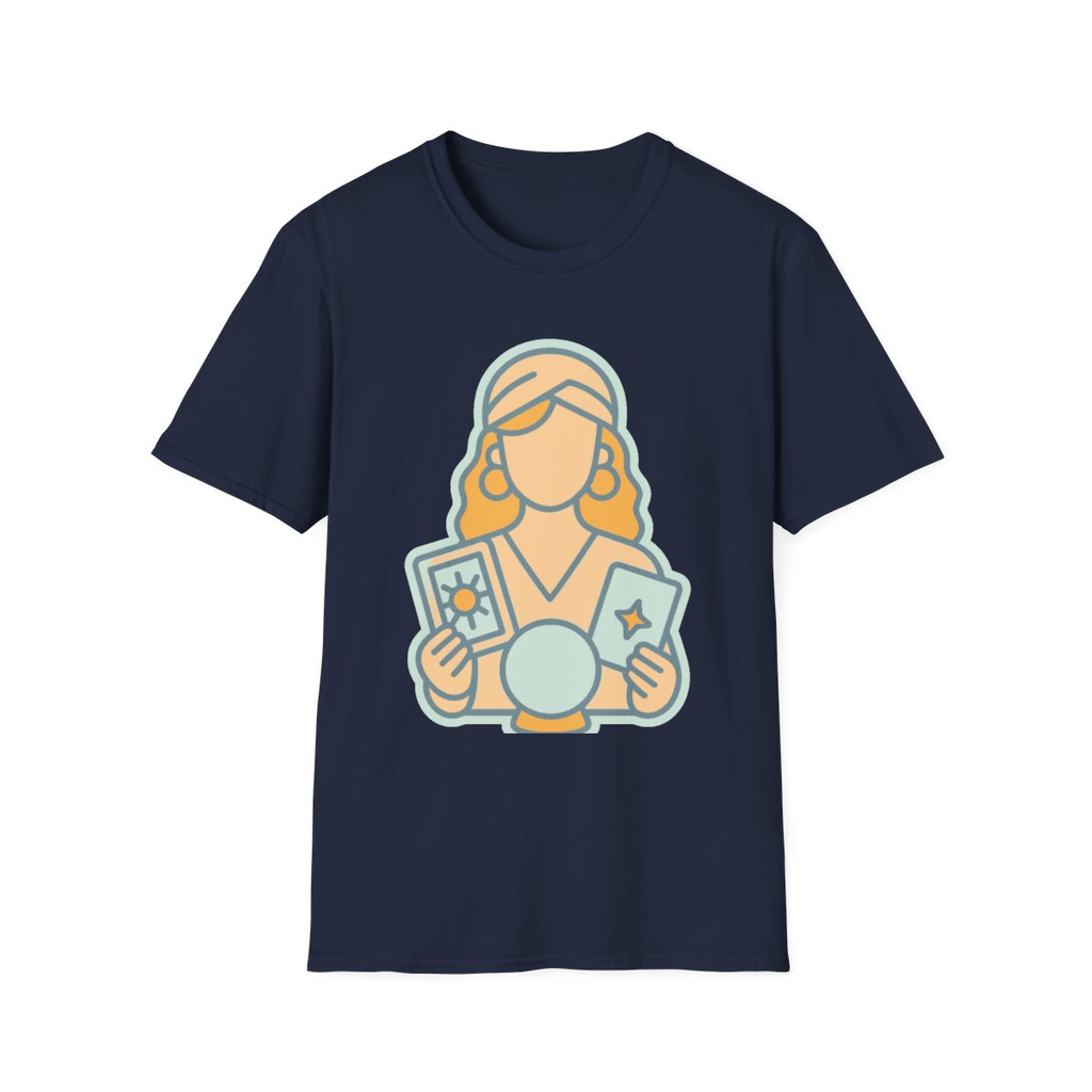 Navy t-shirt, front view, printed with tarot reader holding cards and crystal ball