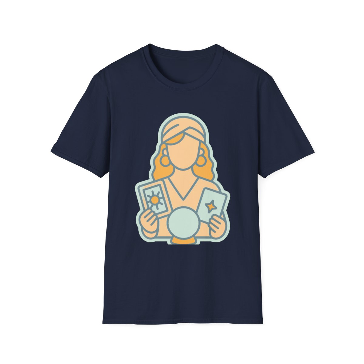 Navy t-shirt, front view, printed with tarot reader holding cards and crystal ball