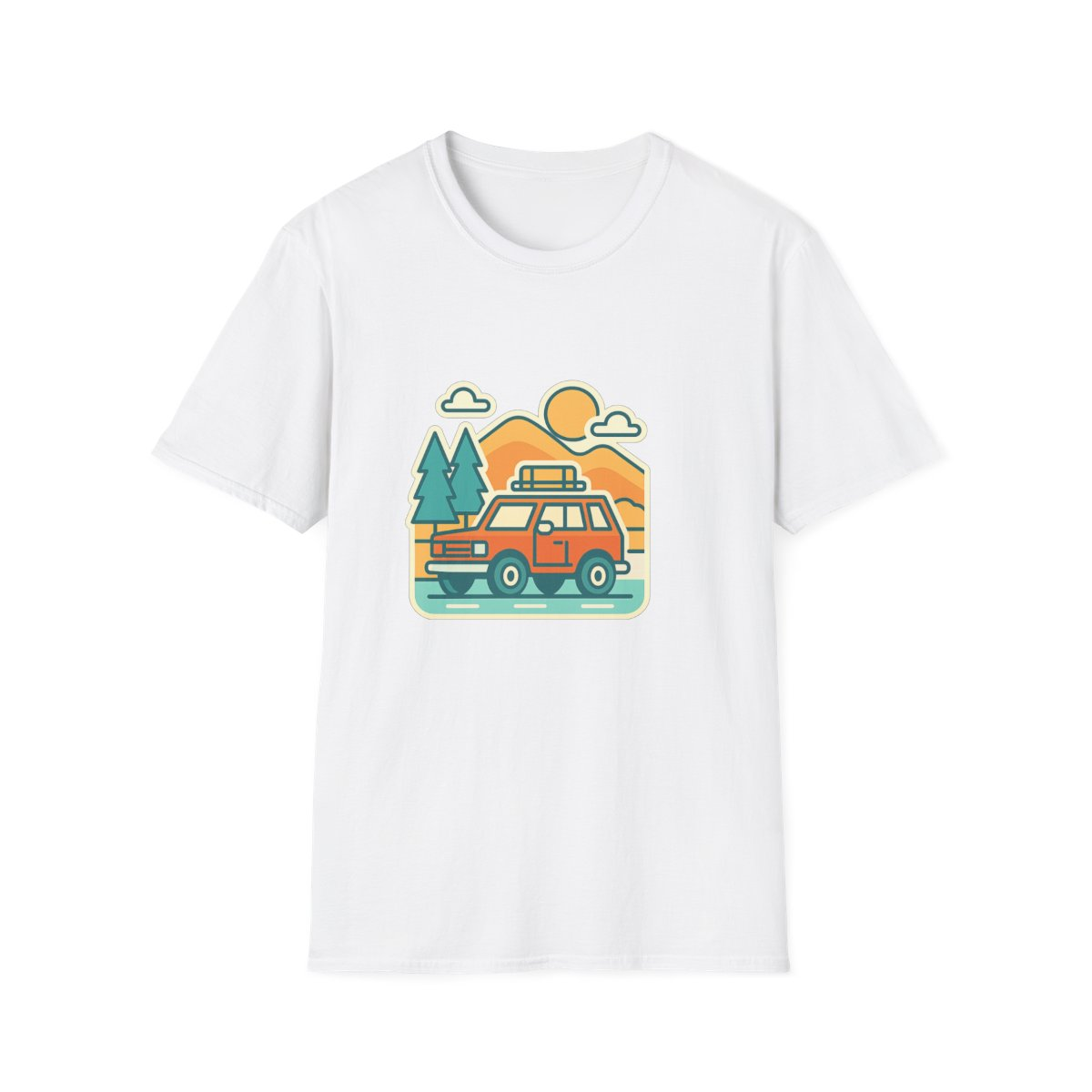 White t-shirt, front view, printed with orange station wagon and mountains