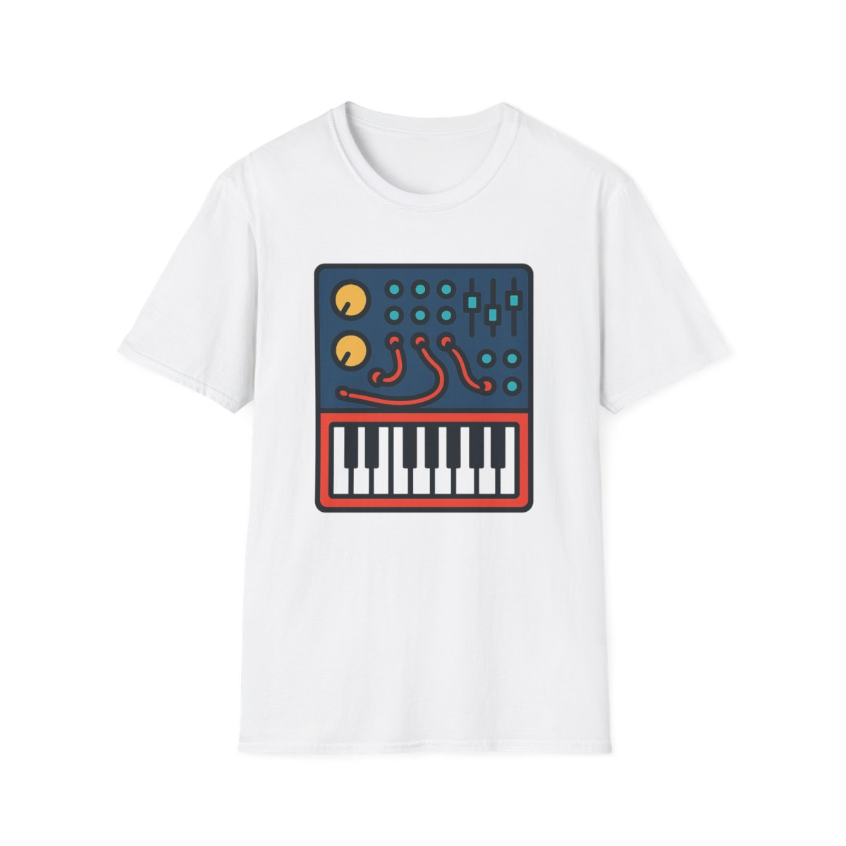 White t-shirt, front view, printed with compact modular synth illustration