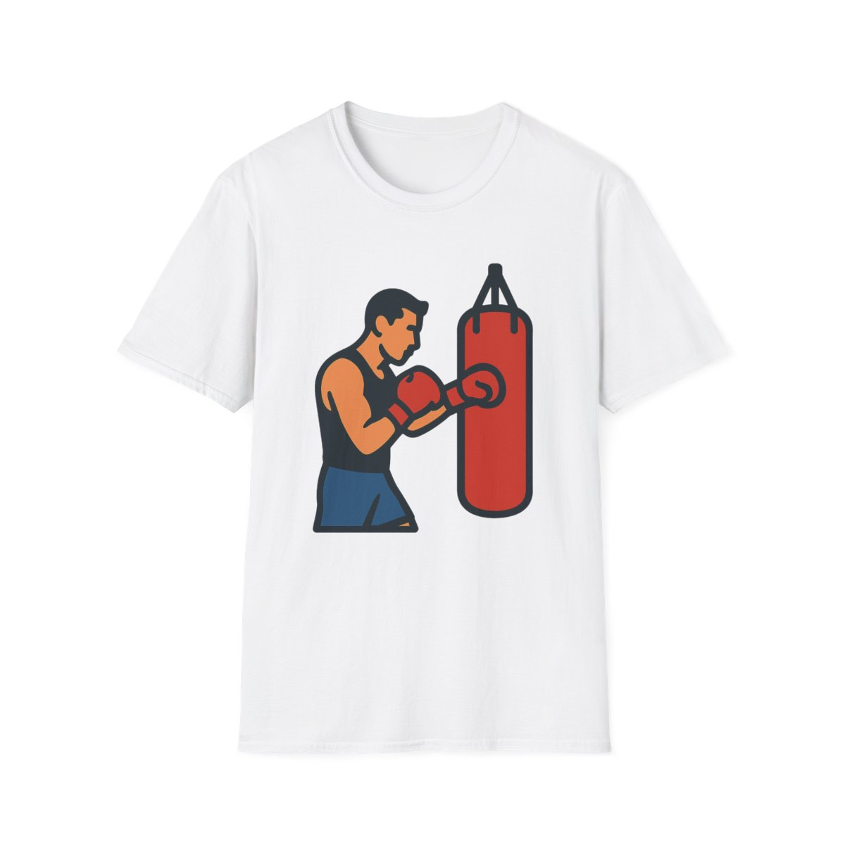 White t-shirt, front view, printed with man boxing a heavy bag illustration