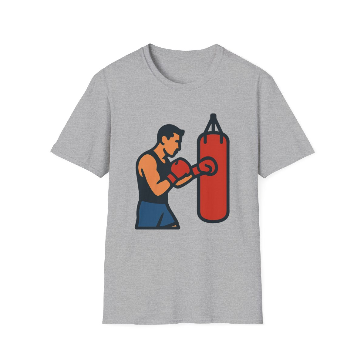 Sport Grey t-shirt, front view, printed with man boxing a heavy bag illustration