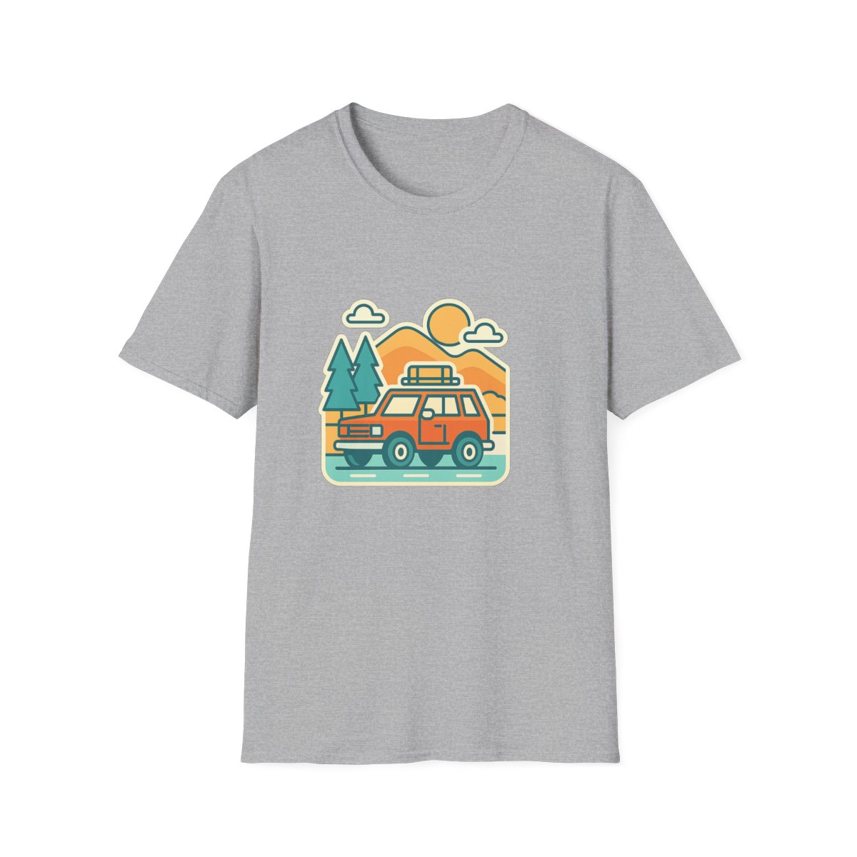 Sport Grey t-shirt, front view, printed with orange station wagon and mountains