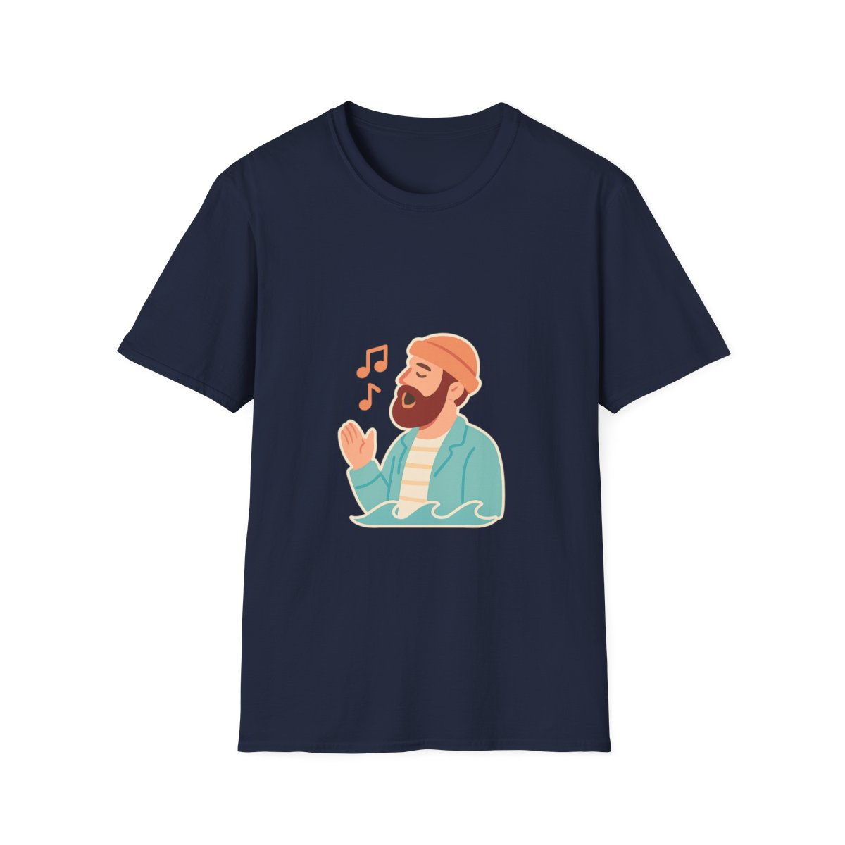 Navy t-shirt, front view, printed with bearded man singing above waves