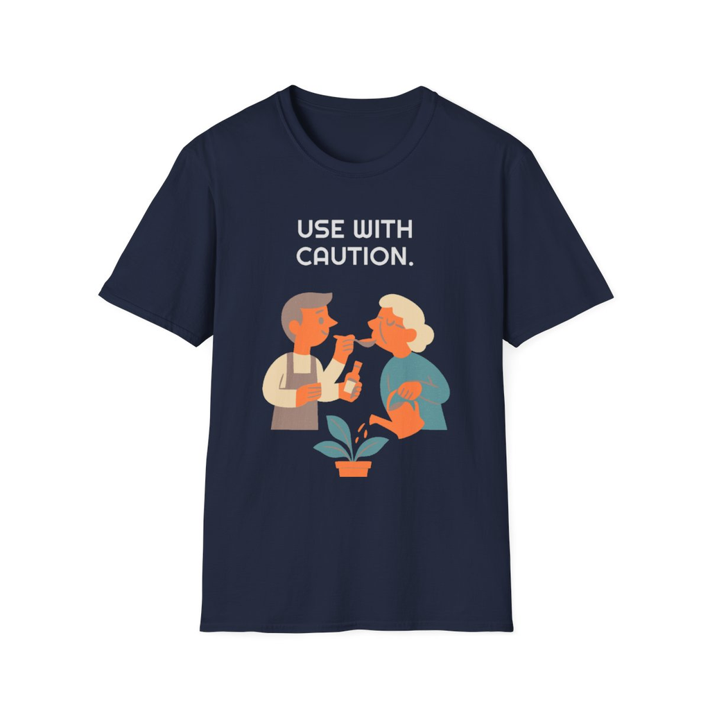 Navy t-shirt, front view, printed with a small-batch hot-sauce maker design