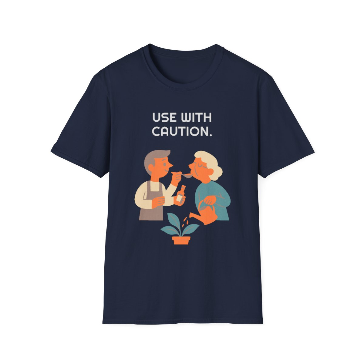Navy t-shirt, front view, printed with a small-batch hot-sauce maker design