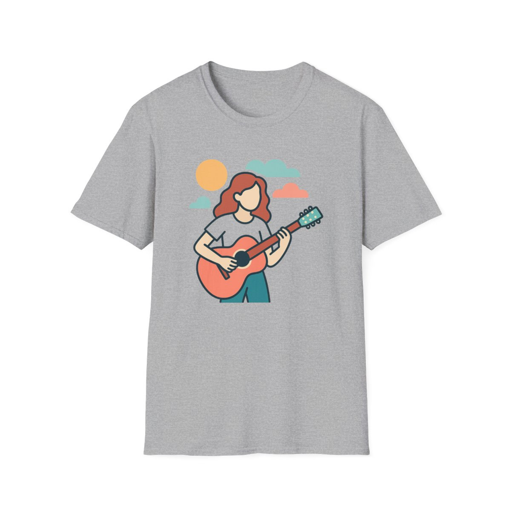 Sport Grey t-shirt, front view, printed with faceless person playing acoustic guitar