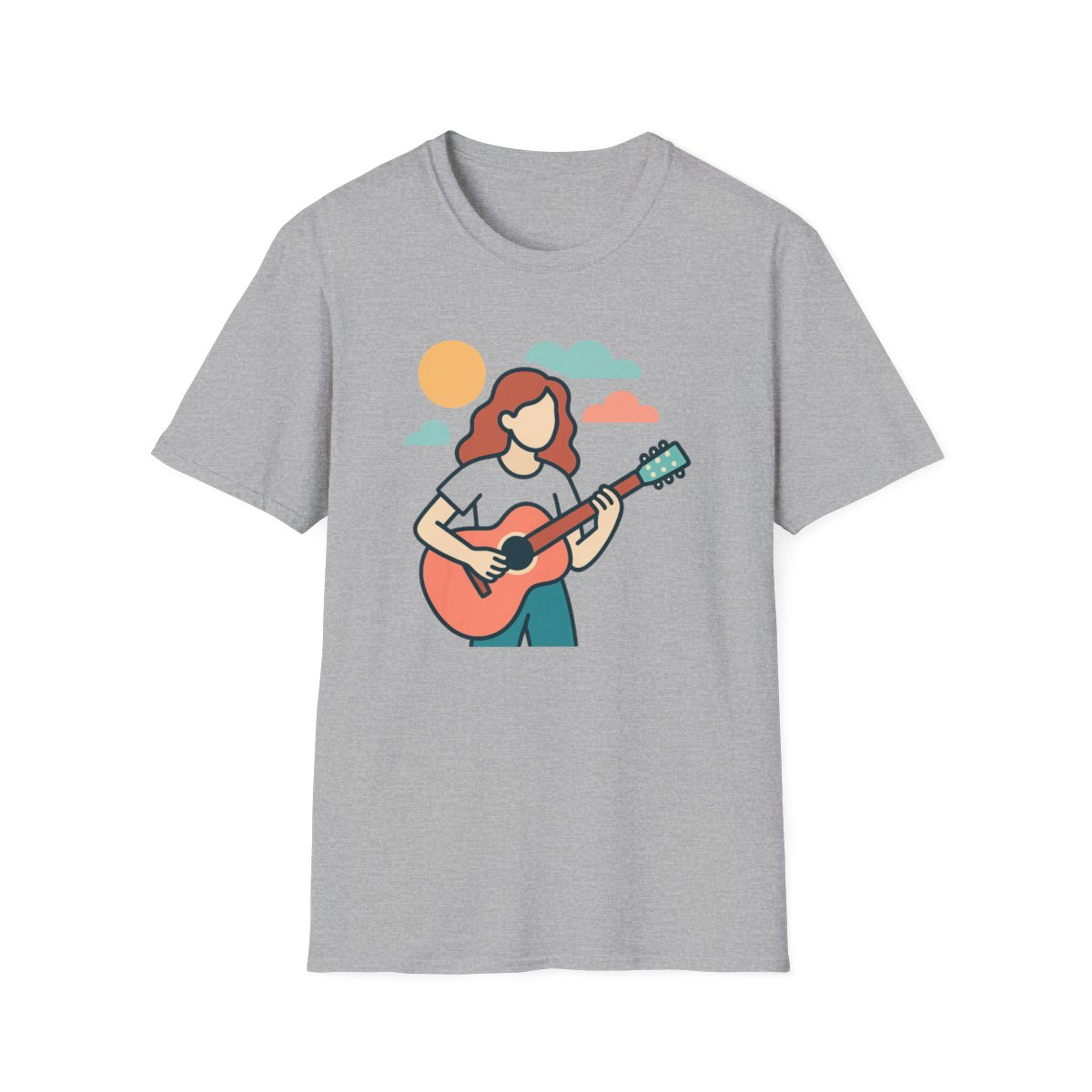 Sport Grey t-shirt, front view, printed with faceless person playing acoustic guitar