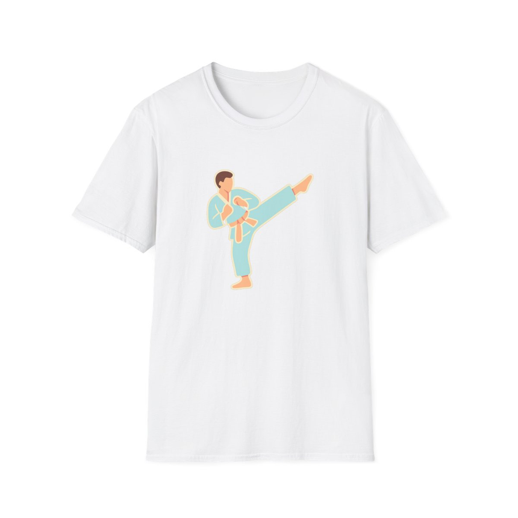 White t-shirt, front view, printed with stylized martial artist performing kick