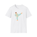 White t-shirt, front view, printed with stylized martial artist performing kick