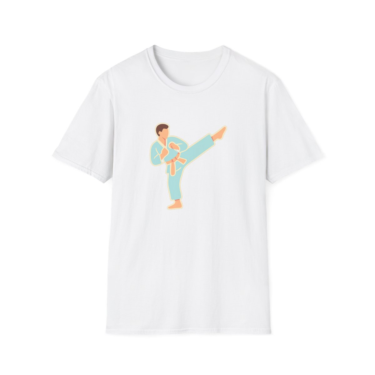 White t-shirt, front view, printed with stylized martial artist performing kick