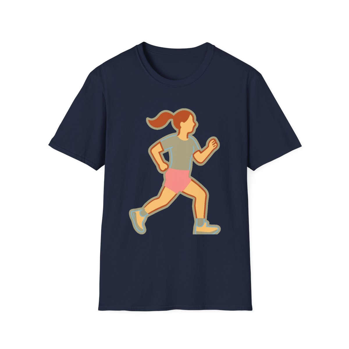 Navy t-shirt, front view, printed with stylized runner mid-stride illustration