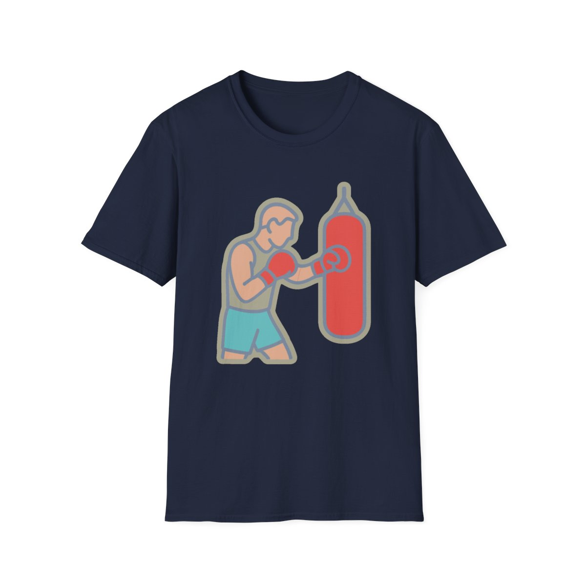 Navy t-shirt, front view, printed with man boxing a heavy bag illustration