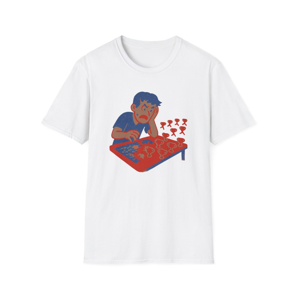 White t-shirt, front view, printed with a competitive puzzle solver design