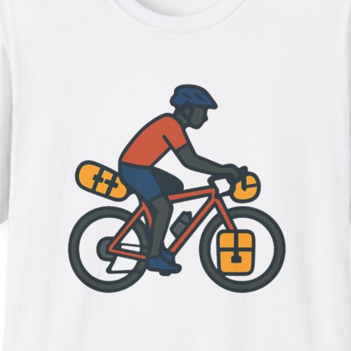 Close-up of the printed design detail: illustration of a loaded bikepacking bicycle