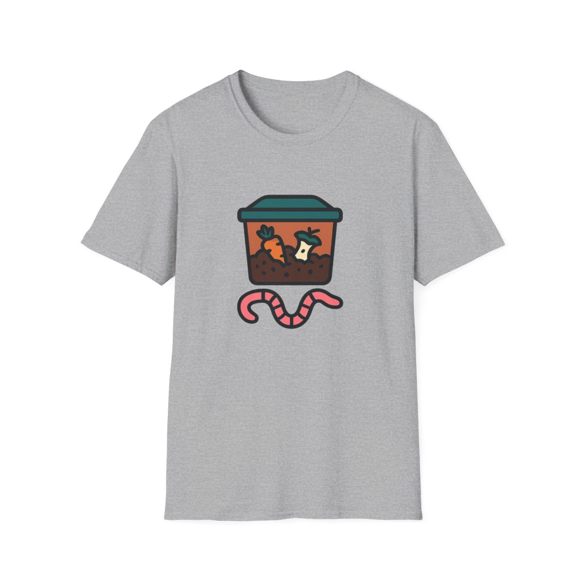 Sport Grey t-shirt, front view, printed with worm in vermicompost bin