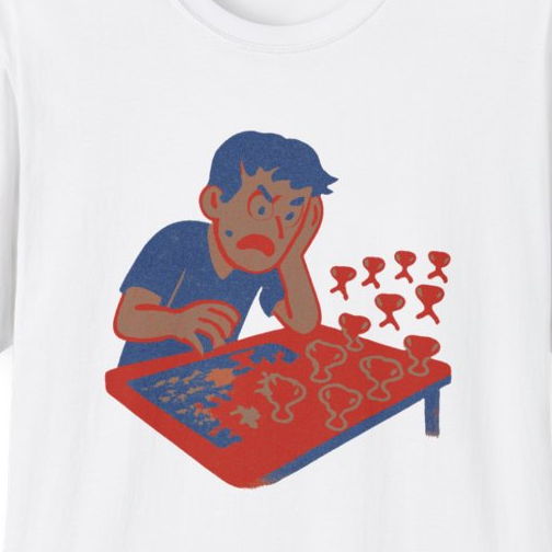 Close-up of the printed design detail: competitive puzzle solver, speed-solving a 1,000‑piece puzzle at a tournament table