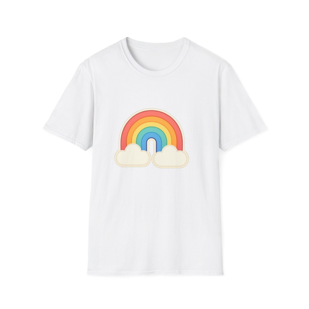 White t-shirt, front view, printed with muted rainbow with two clouds