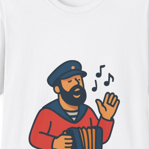 Close-up of the printed design detail: bearded man singing above waves