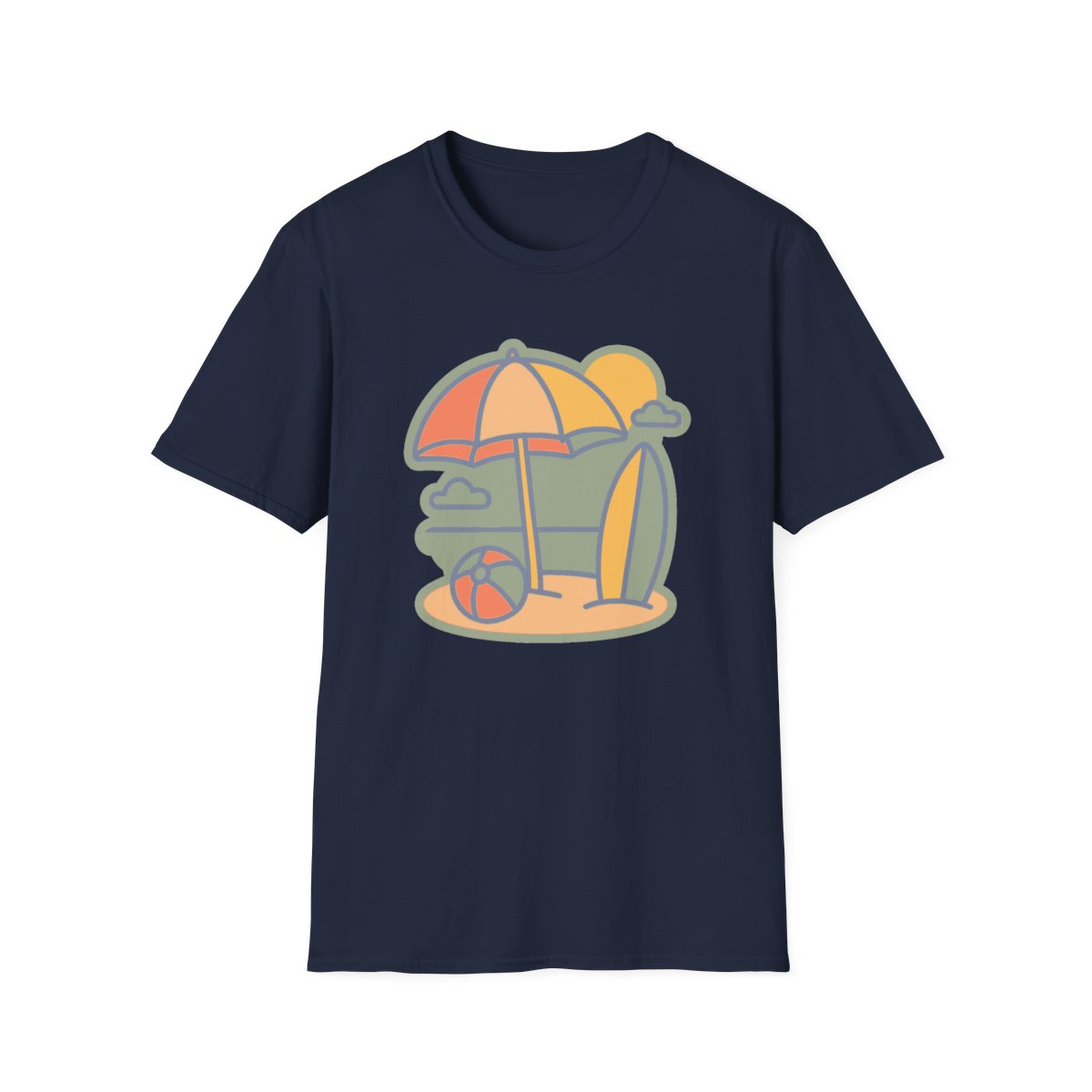 Navy t-shirt, front view, printed with beach umbrella, surfboard, beach ball