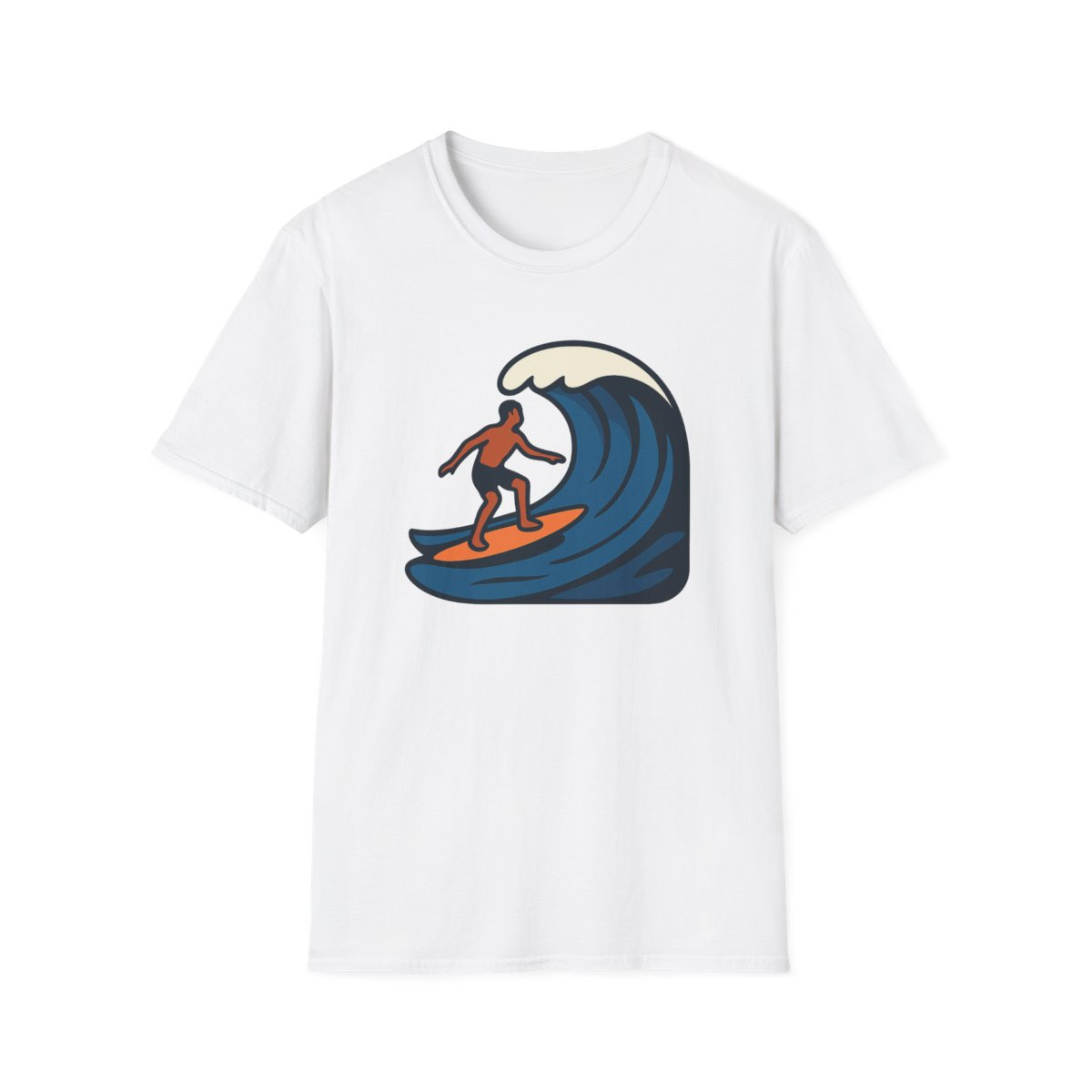 White t-shirt, front view, printed with surfer silhouette riding a curling wave