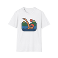 White t-shirt, front view, printed with stylised woman swimming in lake