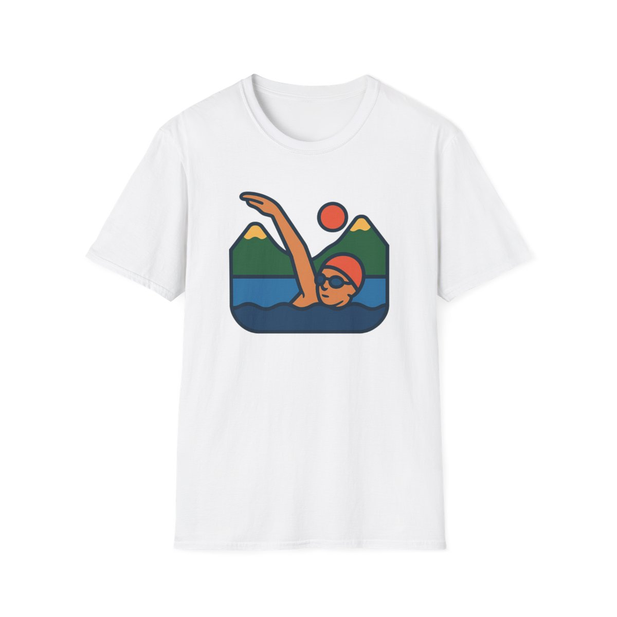 White t-shirt, front view, printed with stylised woman swimming in lake