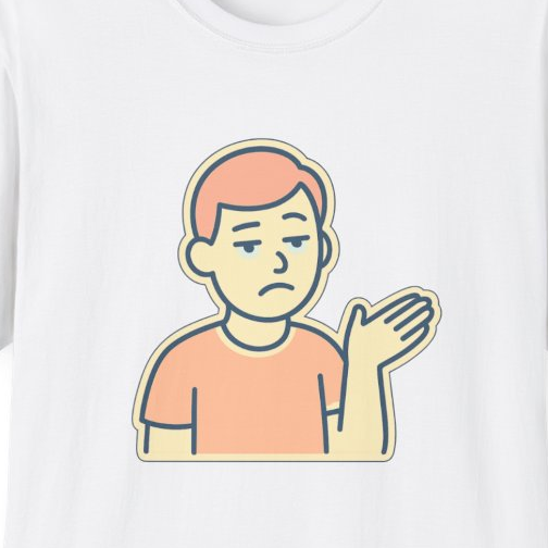 Close-up of the printed design detail: cartoon unimpressed person shrugging