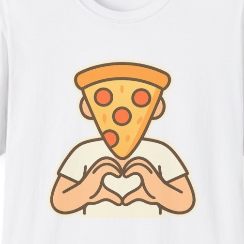 Close-up of the printed design detail: pizza slice head with heart hands