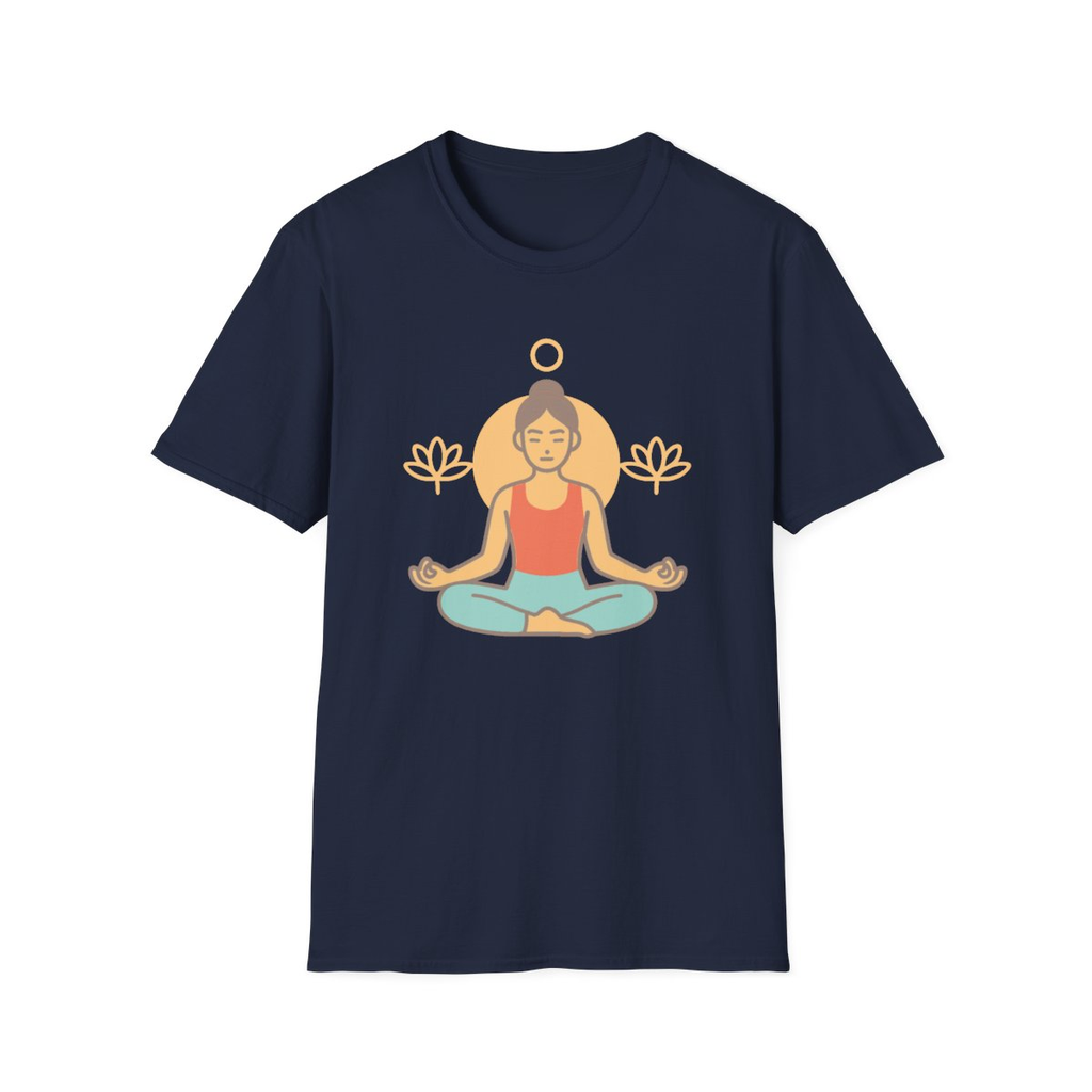 Navy t-shirt, front view, printed with person meditating with lotus icons