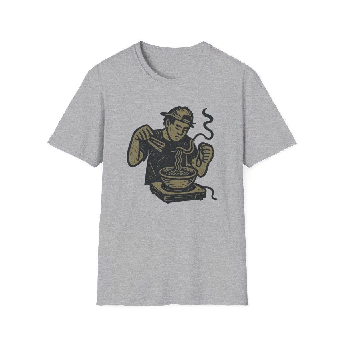 Sport Grey t-shirt, front view, printed with a college ramen chef design