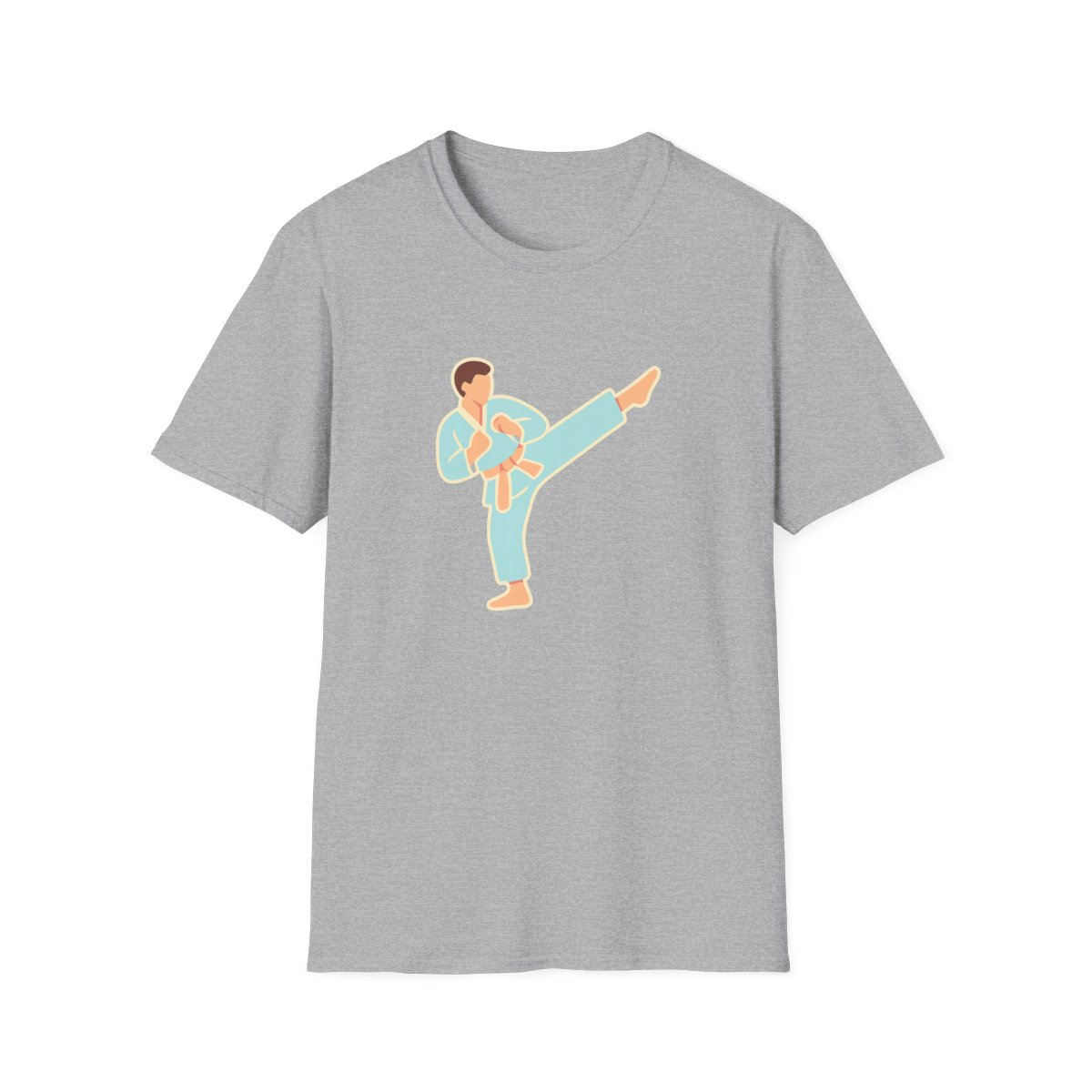 Sport Grey t-shirt, front view, printed with stylized martial artist performing kick