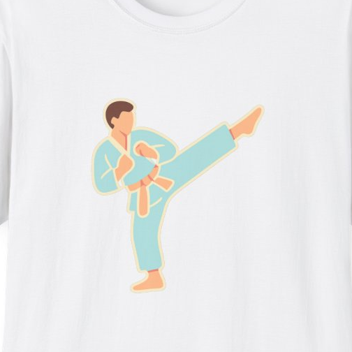 Close-up of the printed design detail: stylized martial artist performing kick