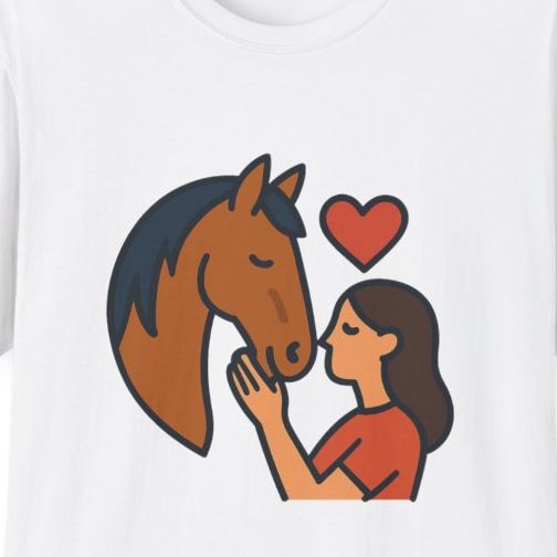 Close-up of the printed design detail: smiling horse head above heart hands