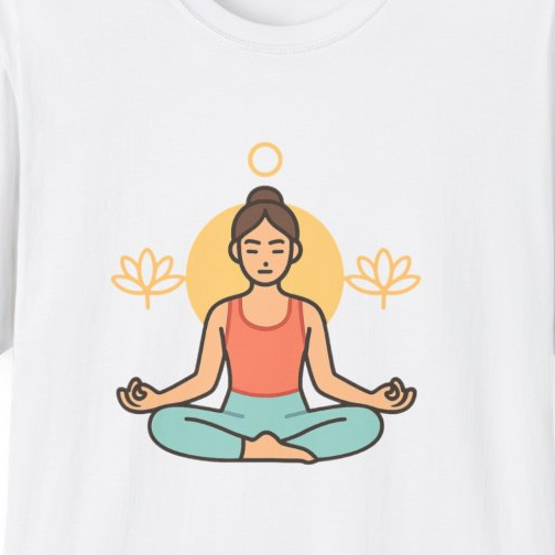 Close-up of the printed design detail: person meditating with lotus icons
