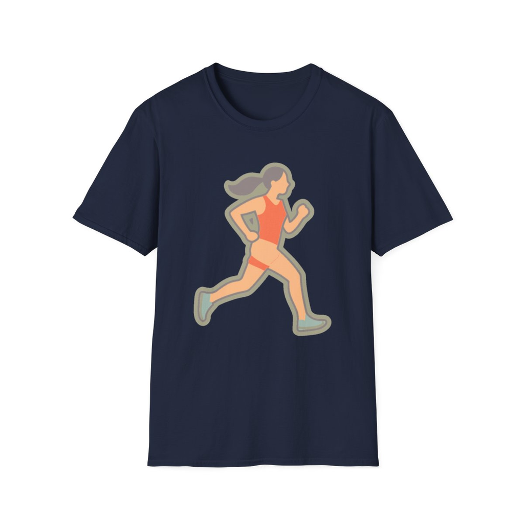 Navy t-shirt, front view, printed with stylized runner mid-stride illustration