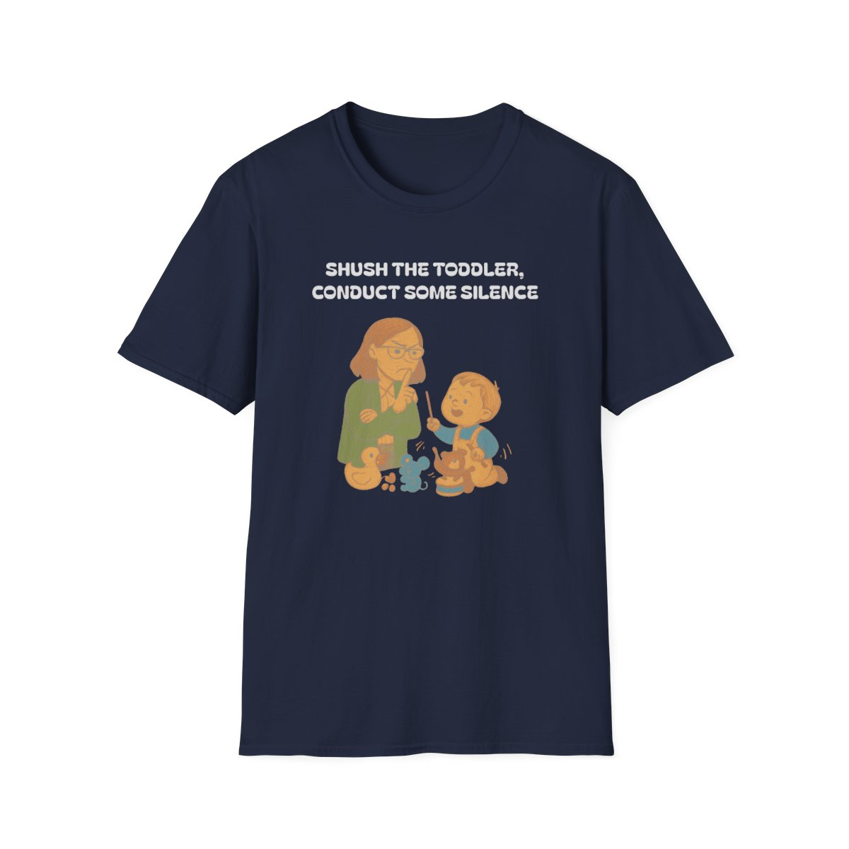 Navy t-shirt, front view, printed with a sardonic children's librarian design