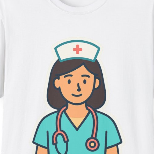 Close-up of the printed design detail: simple nurse with stethoscope illustration