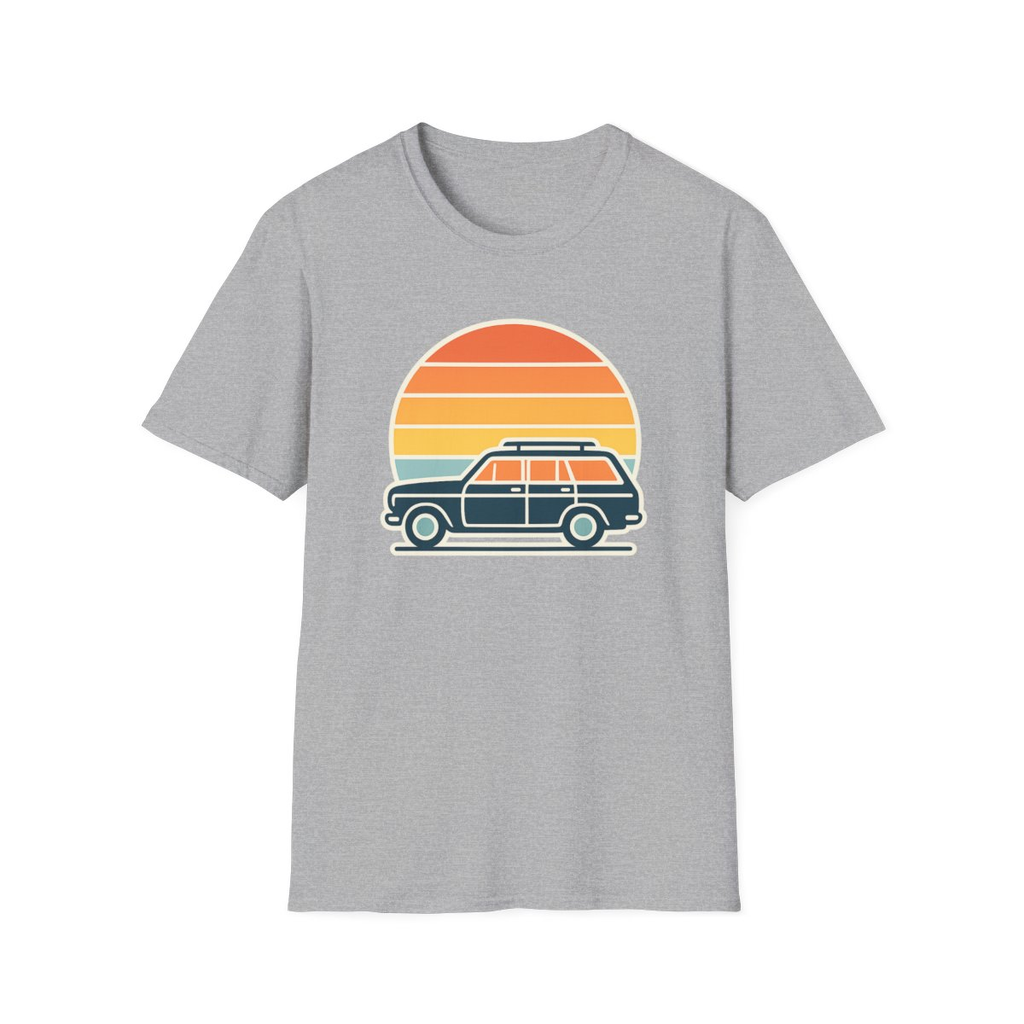 Sport Grey t-shirt, front view, printed with retro station wagon and striped sunset