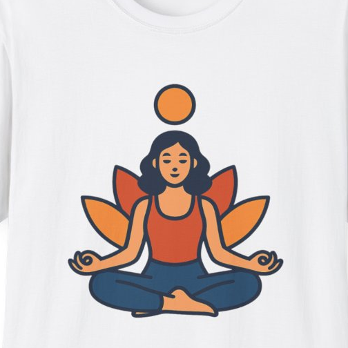 Close-up of the printed design detail: person meditating with leaf motifs