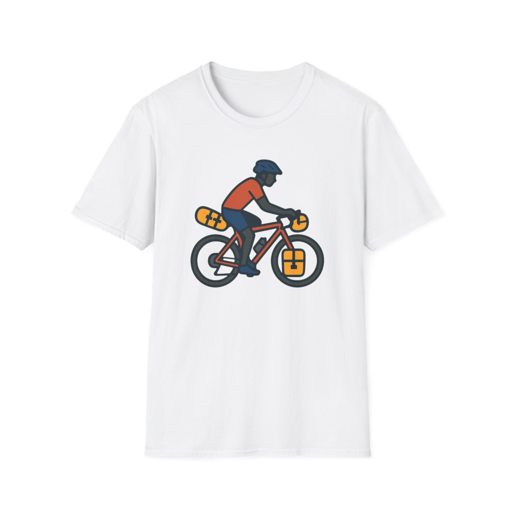 White t-shirt, front view, printed with illustration of a loaded bikepacking bicycle