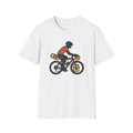 White t-shirt, front view, printed with illustration of a loaded bikepacking bicycle