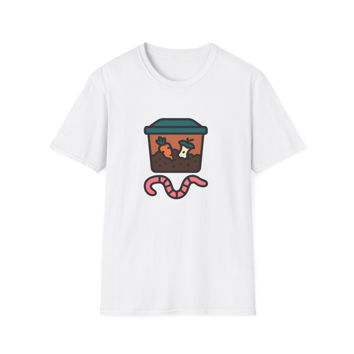 White t-shirt, front view, printed with worm in vermicompost bin