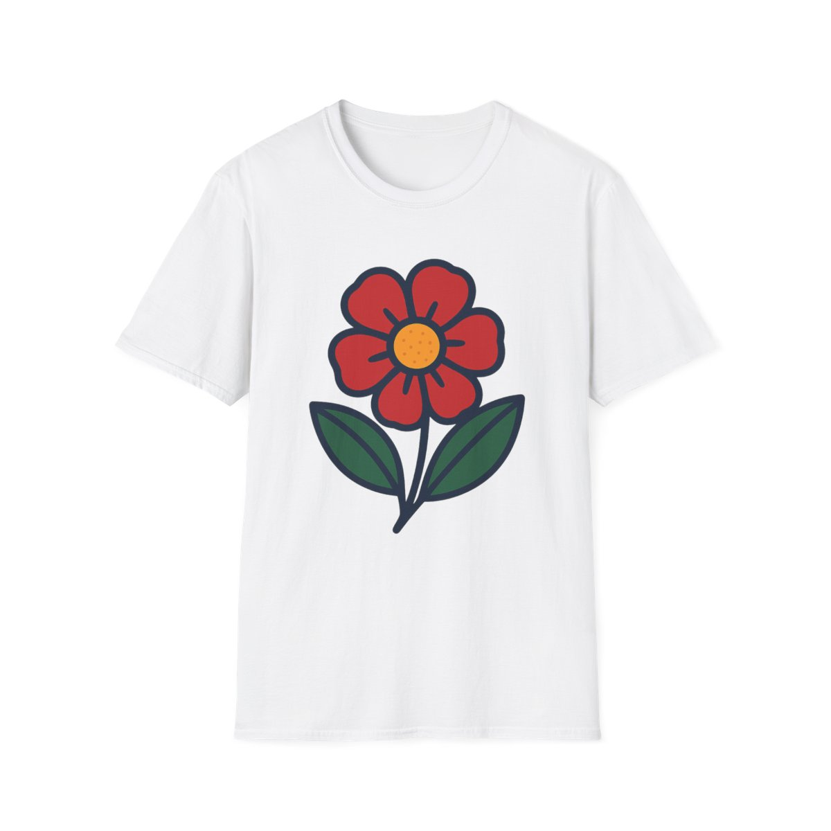 White t-shirt, front view, printed with peach daisy with mint leaves