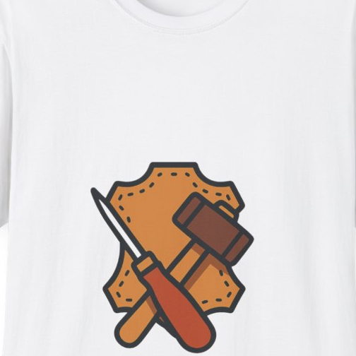 Close-up of the printed design detail: stylized leather hide and awl