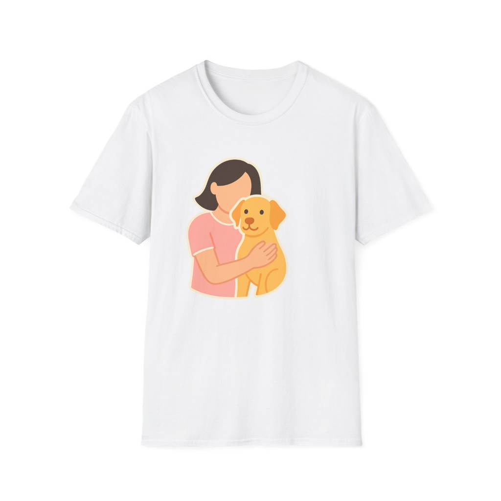 White t-shirt, front view, printed with person holding a dog illustration