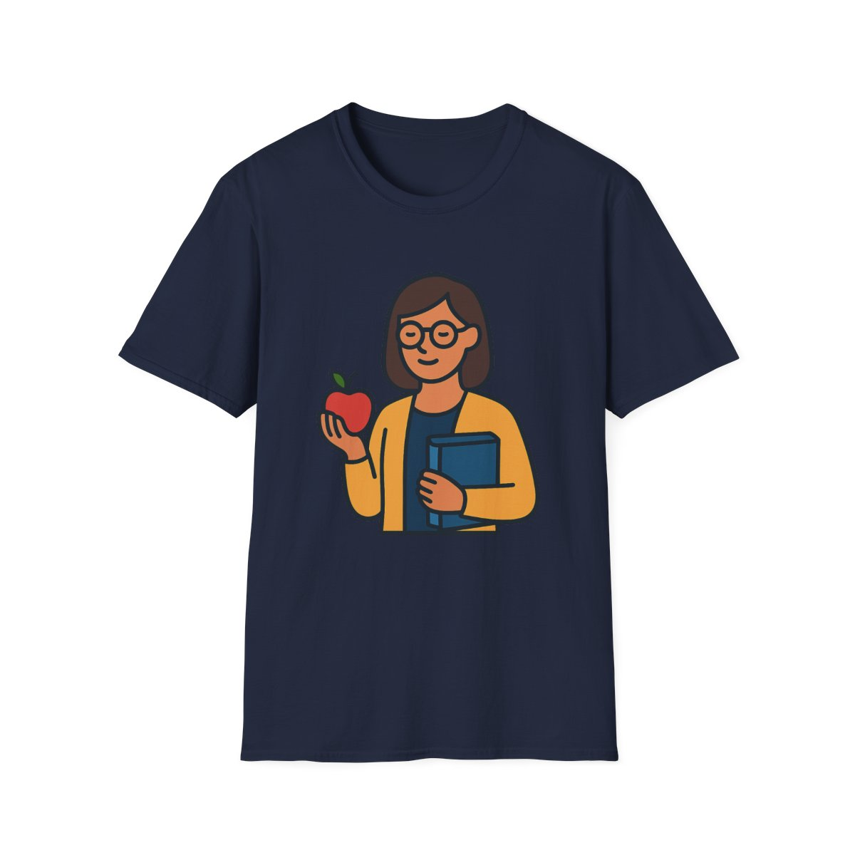 Navy t-shirt, front view, printed with teacher holding apple and book