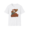 White t-shirt, front view, printed with a exhausted newborn mom design
